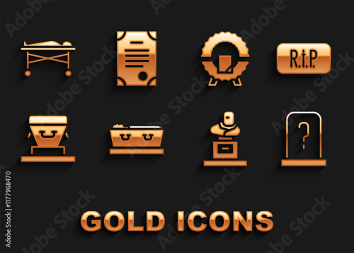 Set Coffin with dead, Speech bubble rip death, Grave tombstone, Memorial wreath, Dead body the morgue and Death certificate icon. Vector
