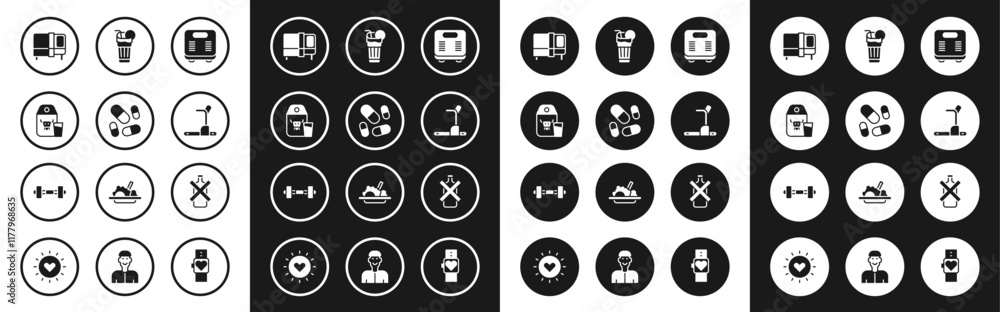 Set Bathroom scales, Vitamin pill, Paper package for milk, Bed, Treadmill machine, Fresh smoothie, No alcohol and Dumbbell icon. Vector Set Bathroom scales, Vitamin pill, Paper package for milk, Bed, Treadmill machine, Fresh smoothie, No alcohol and Dumbbell icon. Vector