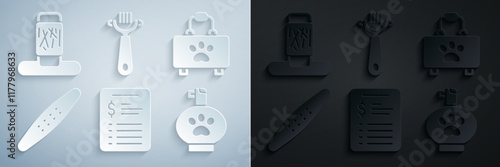 Set Grooming salon price list, Pet first aid kit, Nail file pet, shampoo, Hair brush for dog and cat and Cat scratching post icon. Vector