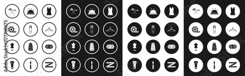 Set Woman dress, Classic closed steel safety pin, Tape measure, Electric iron and ironing board, Hanger wardrobe, Needle bed needles, Sewing thread spool and Mannequin icon. Vector