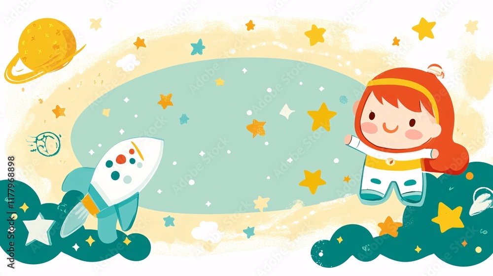 Child explores outer space with a rocket and stars in a colorful illustration Child explores outer space with a rocket and stars in a colorful illustration