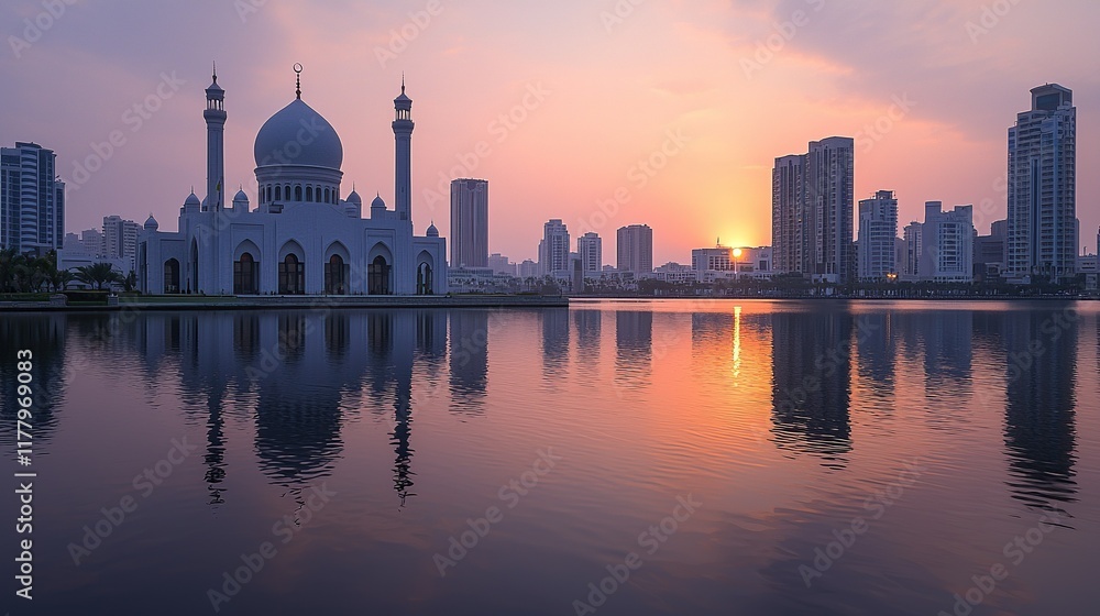 Fototapeta premium Lakeside mosque reflects in calm water at sunset with city skyline.
