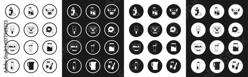 Set Cow head, Ice cream, Whipped in bottle, Udder, Bottle milk and glass, with and Lettering icon. Vector