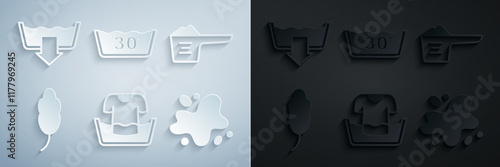 Set Basin with shirt, Washing powder, Feather, Water spill, Temperature wash and modes icon. Vector