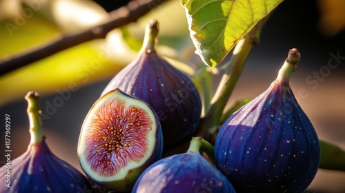 Close-up of figs on a tree branch, their purple skin glowing softly under dappled sunlight photo