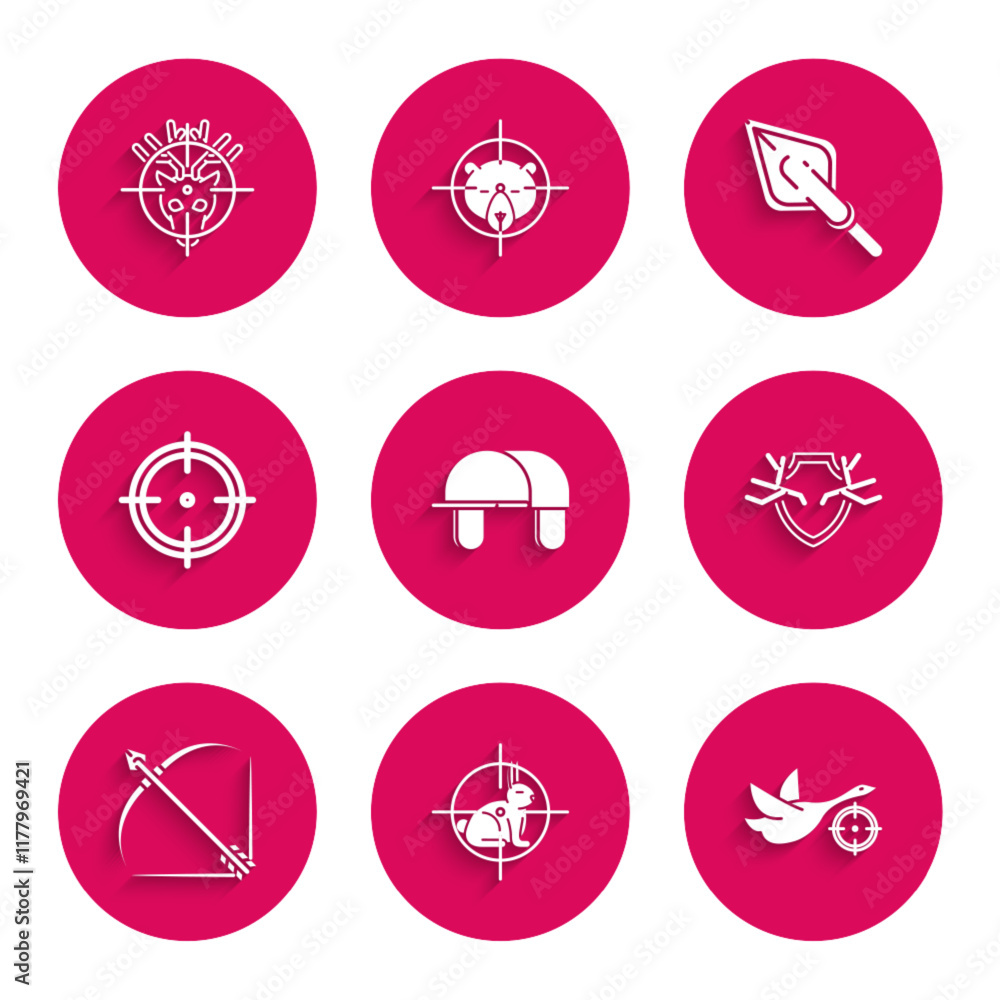 Set Hunter hat, on rabbit with crosshairs, duck, Deer antlers shield, Bow and arrow in quiver, Target sport for shooting competition, Hipster tip and deer icon. Vector Set Hunter hat, on rabbit with crosshairs, duck, Deer antlers shield, Bow and arrow in quiver, Target sport for shooting competition, Hipster tip and deer icon. Vector