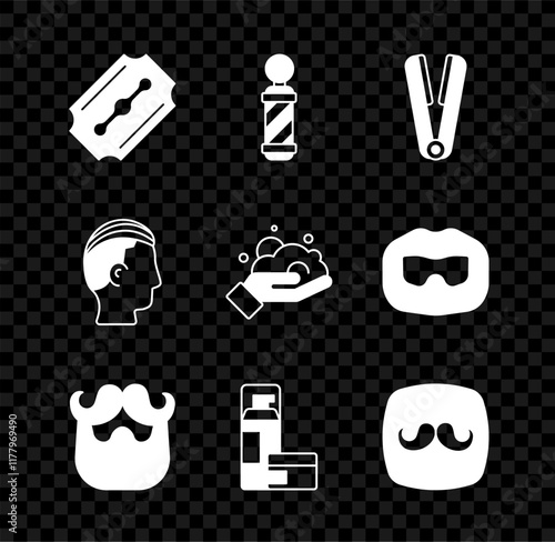 Set Blade razor, Classic Barber shop pole, Curling iron for hair, Mustache and beard, Shaving gel foam, Barbershop, Hairstyle men and hand icon. Vector