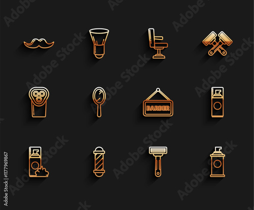 Set line Shaving gel foam, Classic Barber shop pole, Mustache, razor, Hand mirror, and Barbershop icon. Vector