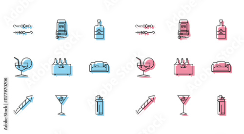 Set line Firework rocket, Martini glass, Grilled shish kebab, Lighter, Bottles of wine wooden box, Sofa, and Karaoke icon. Vector