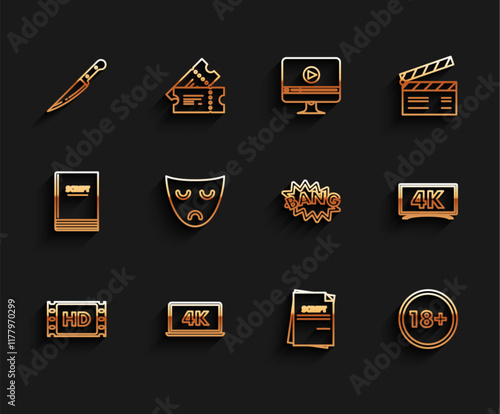 Set line 4k movie, tape, frame, Laptop screen with video technology, Knife, Scenario, Under 18 years, Drama theatrical mask, and Bang boom text speech bubble balloon icon. Vector