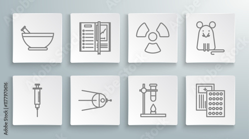 Set line Syringe, Notebook, Satellite, Glass test tube flask on fire heater, Pills blister pack, Radioactive, Rat and Mortar and pestle icon. Vector