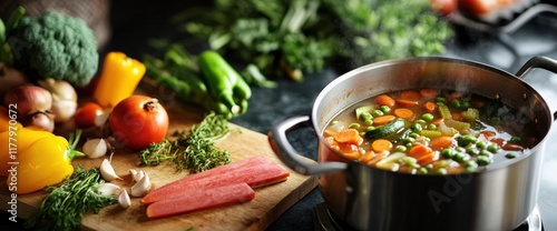 Fresh, raw vegetables on a chopping board transitioning into a simmering vegetable soup pot photo