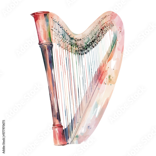 A watercolor vector of a stringed harp, isolated on a white background. Musical instrument vector.
