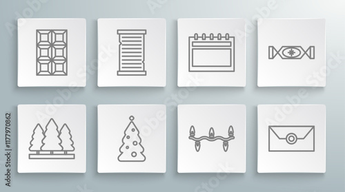 Set line Christmas trees, wish list template, with decorations, lights, Envelope christmas party invitation card, Calendar, Candy and Chocolate bar icon. Vector