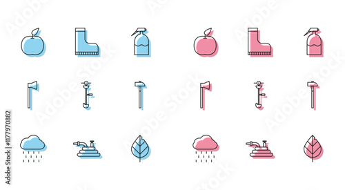 Set line Cloud with rain, Garden hose or fire hose, Apple, Leaf, Grass and weed electric string trimmer, Hammer, Wooden axe and Waterproof rubber boot icon. Vector