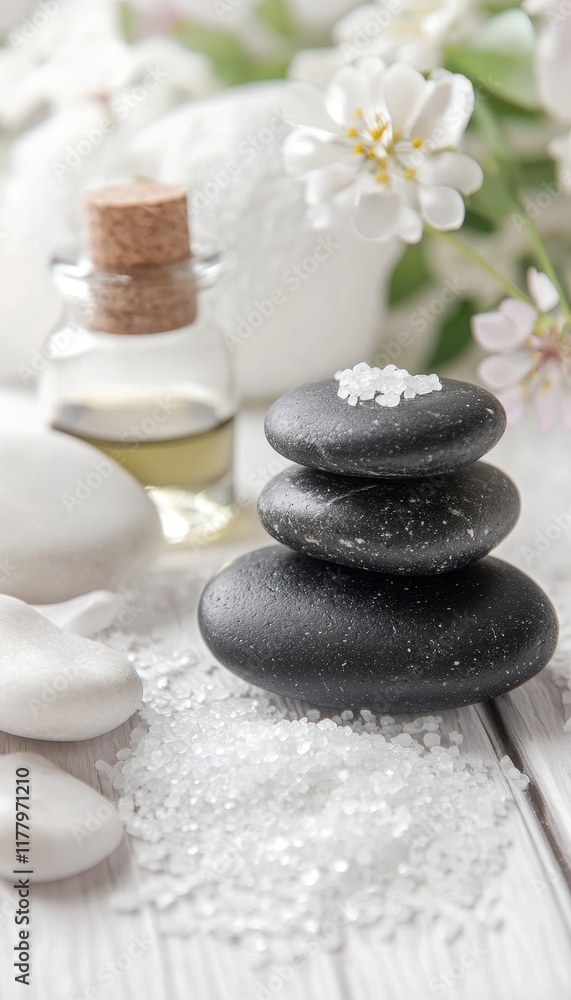 Spa treatment essentials massage stones, essential oils, and sea salt on a white wooden table Spa treatment essentials massage stones, essential oils, and sea salt on a white wooden table