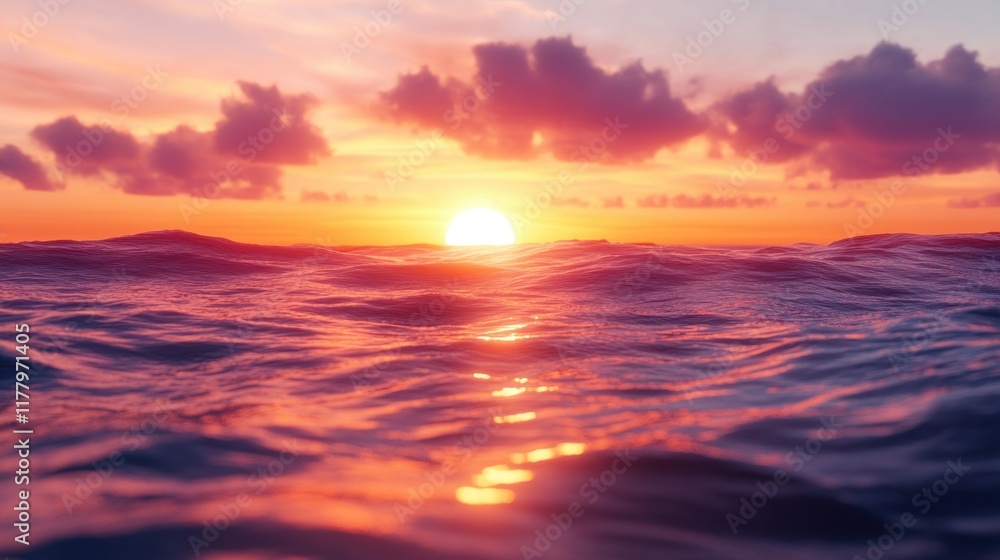 Obraz premium Vibrant sunset over calm ocean waves.