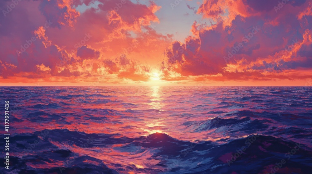 Fototapeta premium Vibrant sunset over calm ocean waves.