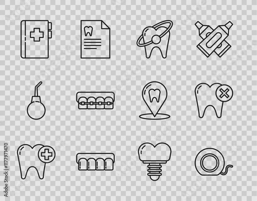 Set line Tooth, Dental floss, whitening concept, Dentures model, Clipboard with dental card, Teeth braces, implant and caries icon. Vector