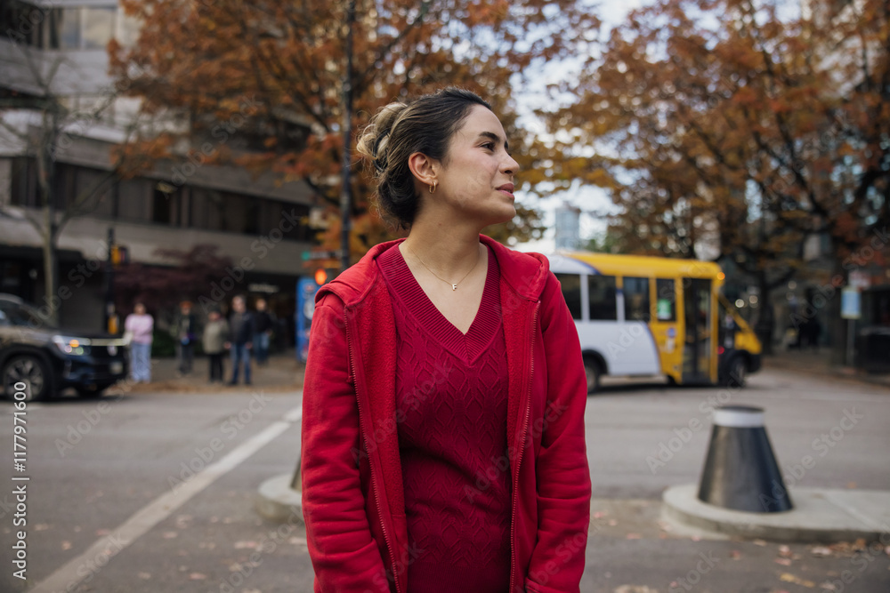 Woman in Red Sweater Standing in Urban Autumn Street Scene Woman in Red Sweater Standing in Urban Autumn Street Scene