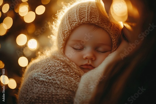 Newborn baby cradled in parent s arms, embraced by soft golden light of warmth and love photo