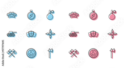 Set line Crossed medieval axes, Peace, Brass knuckles, Medieval, Shield, Japanese ninja shuriken, Military tank and Compass icon. Vector