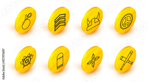 Set line Crossed baseball bat, Japanese ninja shuriken, Cartridges, Medieval shield with crossed axes, Peace, Viking horned helmet, Military rank and Hand grenade icon. Vector