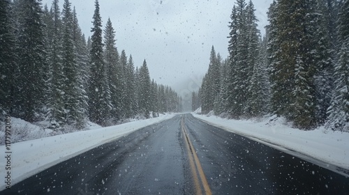 Fresh snow gently falling on a quiet, empty road, with pine trees lined on either side photo