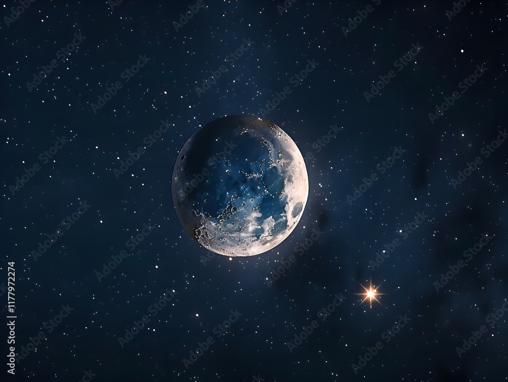 Fototapeta premium A crescent moon and a bright star shining in the dark blue night sky symbolize the beginning of Ramadan