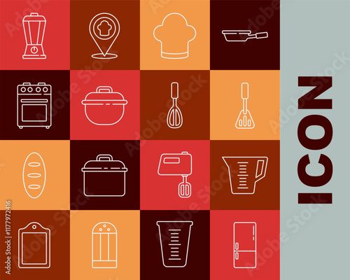 Set line Refrigerator, Measuring cup, Spatula, Chef hat, Cooking pot, Oven, Blender and Kitchen whisk icon. Vector