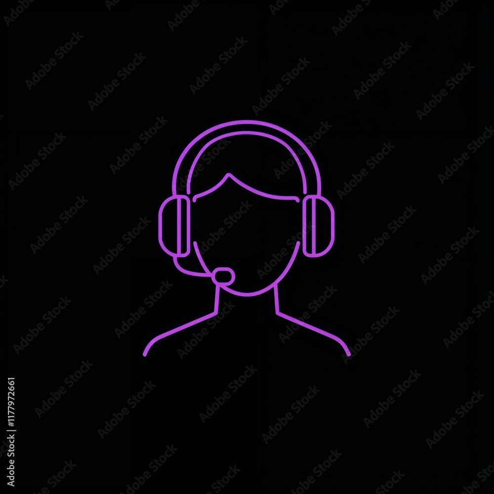 Minimalist purple linear icon on black background, person wearing headset with microphone, suitable for use in digital interfaces related to communication or support services. Minimalist purple linear icon on black background, person wearing headset with microphone, suitable for use in digital interfaces related to communication or support services.