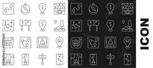Set line Compass on mobile, Location with house, City map navigation, information, Road traffic sign, Great Bear constellation, Route location and Cash icon. Vector