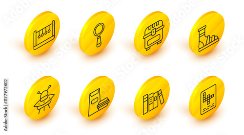 Set line Crossword, Book, Burger, UFO flying spaceship, Slippers with socks, Antique treasure chest, Magnifying glass and Pendulum icon. Vector