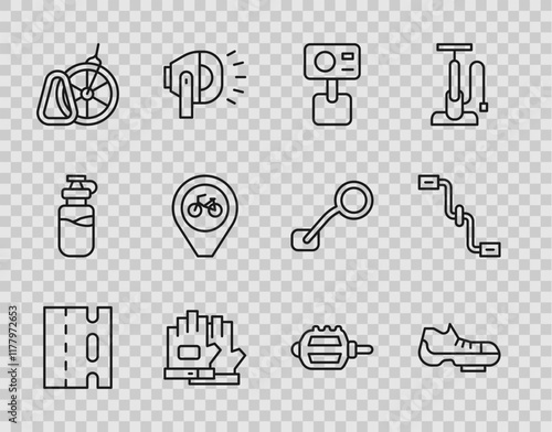 Set line Bicycle lane, shoes, Action extreme camera, Gloves, parking, Location with bicycle, pedal and pedals icon. Vector