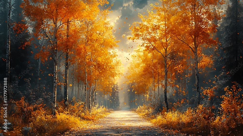 Obraz premium Vibrant Showcasing Autumn Forest Path With Falling Golden Leaves Photo