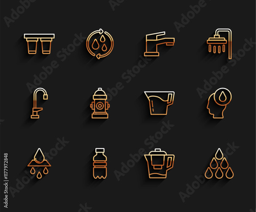 Set line Recycle clean aqua, Bottle of water, Water filter, jug with, drop, Fire hydrant, and Jug glass icon. Vector