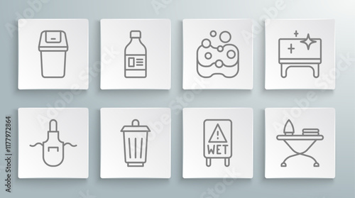 Set line Kitchen apron, Bottle for cleaning agent, Trash can, Wet floor, Iron and ironing board, Sponge, Clean table and icon. Vector