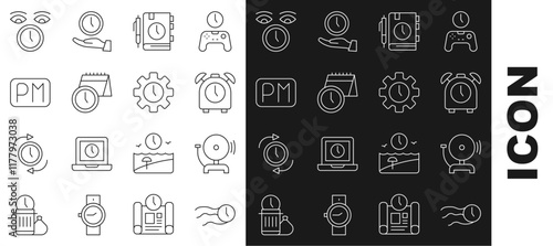 Set line Time flies on the clock, Ringing alarm bell, Alarm, Daily paper notepad, Calendar and, Day time, Clock and Management icon. Vector