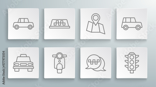 Set line Taxi car, roof, Scooter, call telephone service, Traffic light, Folded map with location, Car and icon. Vector