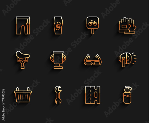 Set line Bicycle basket, Wrench spanner, Cycling shorts, lane, Sport bottle with water, Award cup bicycle, head lamp and cycling sunglasses icon. Vector