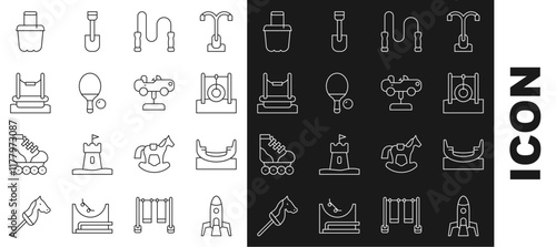 Set line Rocket ship, Boat swing, Car tire hanging on rope, Jump, Racket and ball, Bungee, Sand bucket and Swing car icon. Vector