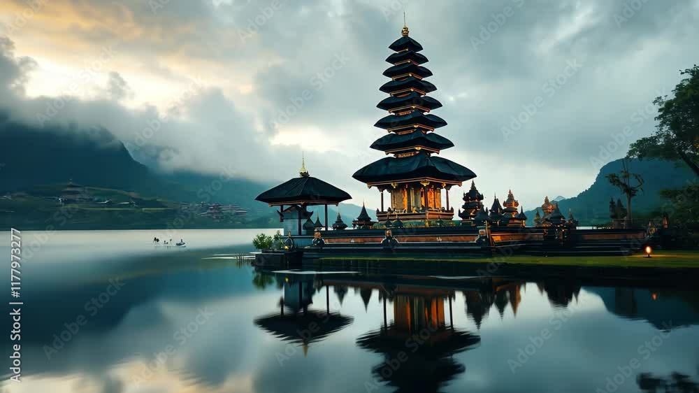 Bali Indonesia landmark temple on water at twilight with serene reflections, Bali Indonesia travel landmark temple on water Timelapse background Bali Indonesia landmark temple on water at twilight with serene reflections, Bali Indonesia travel landmark temple on water Timelapse background