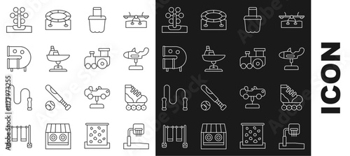 Set line Basketball backboard, Roller skate, Swing plane, Sand bucket, boat, Kid playground slide pipe, Ferris wheel and Toy train icon. Vector