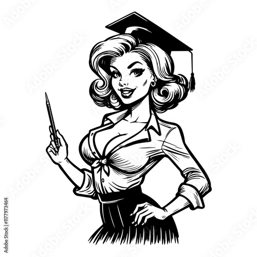 bold and minimalist illustration of a pin-up girl with intricate details