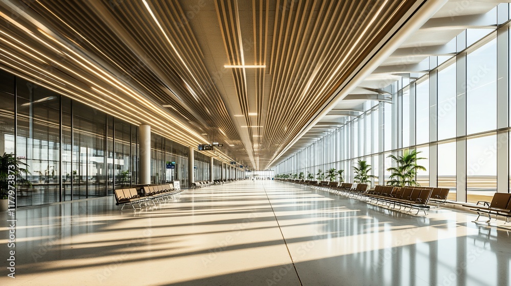 Empty modern airport terminal interior with natural light, spacious waiting area, and large windows. Empty modern airport terminal interior with natural light, spacious waiting area, and large windows.