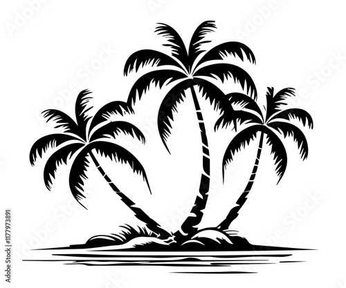 black and white illustration of tropical palm trees on a serene island