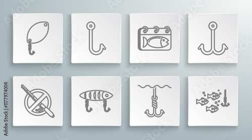 Set line No fishing, Fishing hook, lure, under water, with, Calendar, and spoon icon. Vector