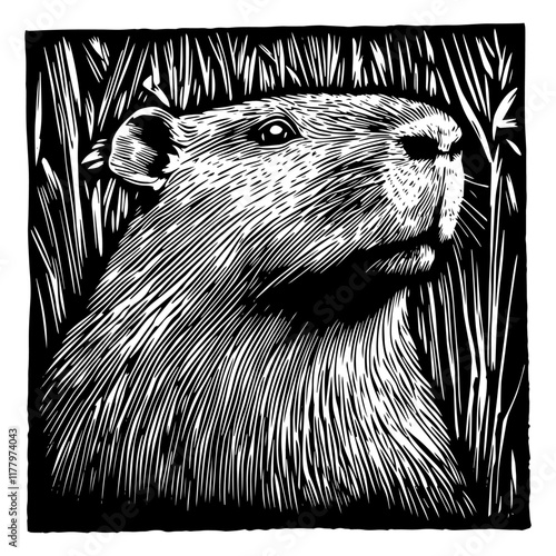 engraved vector of capybara head in grass, black and white woodcut style with detailed lines