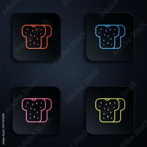 Color neon line Bread toast for sandwich piece of roasted crouton icon isolated on black background. Lunch, dinner, breakfast snack. Set icons in square buttons. Vector