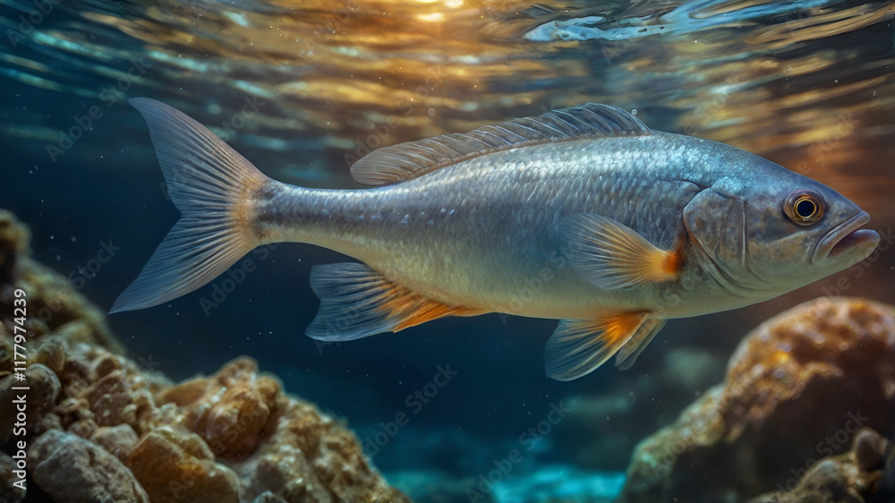 Aquatic plants and soft light emphasize the grace of the fish. Aquatic plants and soft light emphasize the grace of the fish.